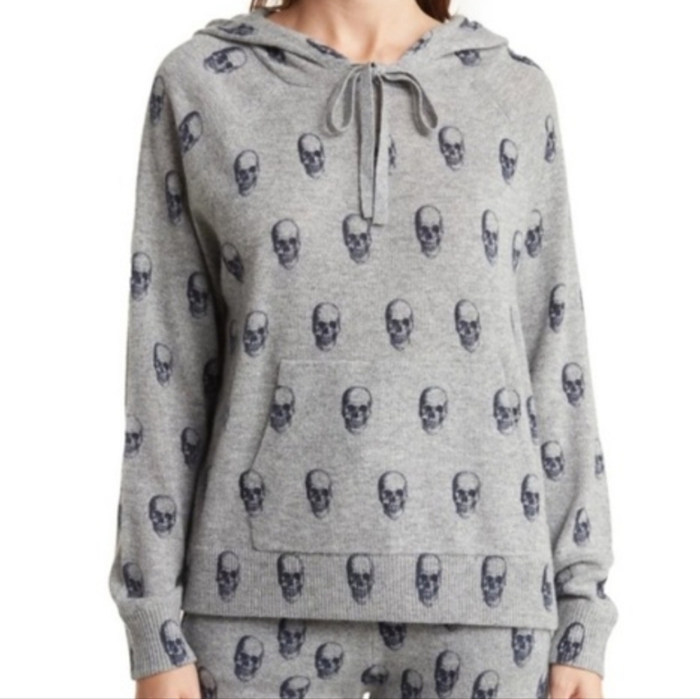 Skull Cashmere 100% Cashmere Grey Skull-Print Hoodie Pull-Over Sweater